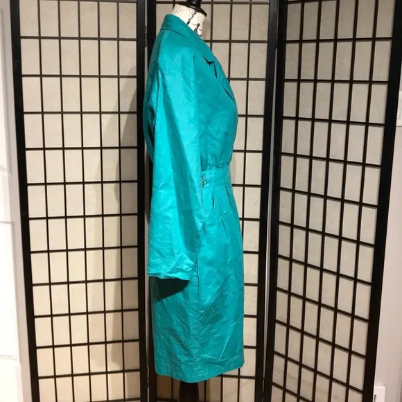 ✈️Nok Nok Vintage Ramie Teal Bodice wrap Overlay shirtdress Shift Sheath Pencil - Picture 4 of 16